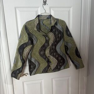 Women's Reversible Tapestry Jacket Gray Green Black Button Front Art To Wear med